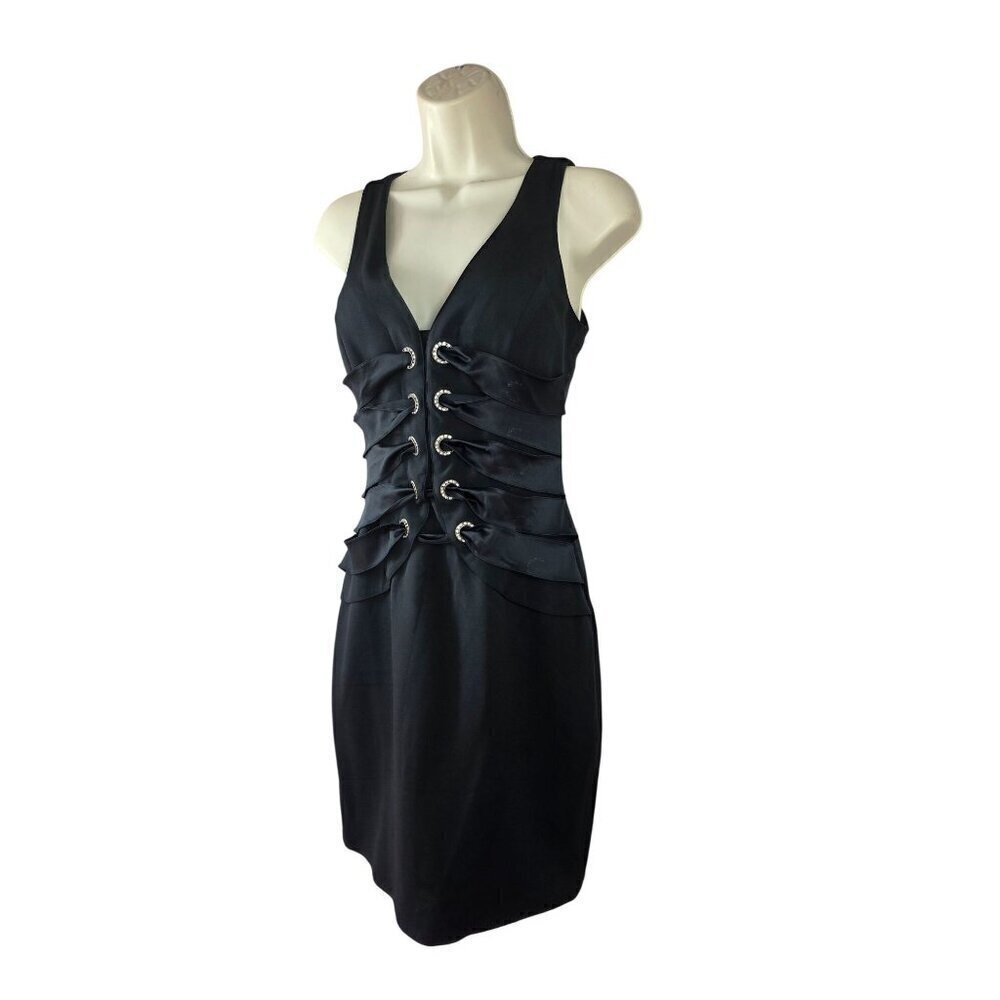 Chetta B Y2K Black Silk Corset Style Mini Dress Sz 4 Rhinestone Bodice Grommets